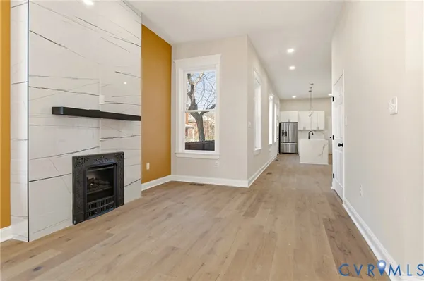 a view of a livingroom with a fireplace