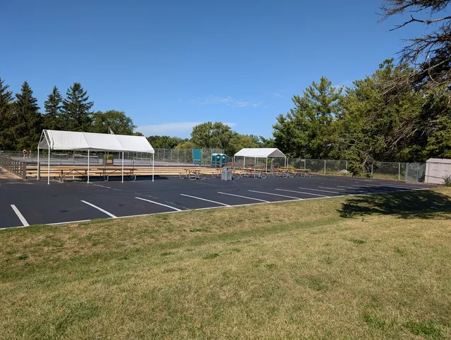 a view of a park with slide