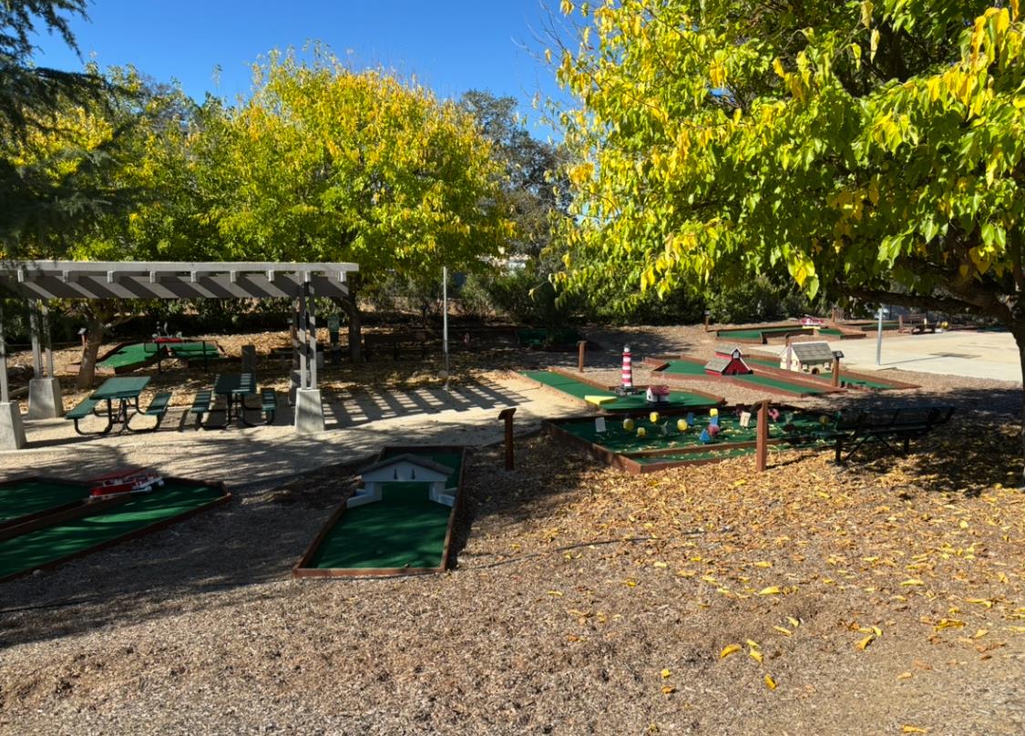 a view of swimming pool with lawn chairs and a fire pit