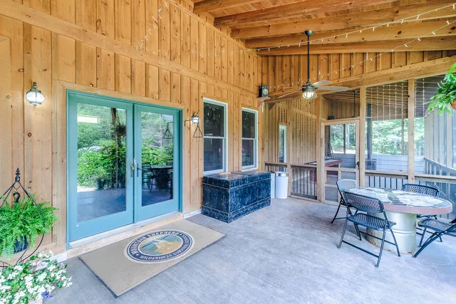 a bed room with a bed and a door