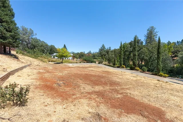 a view of a yard with wooden fence