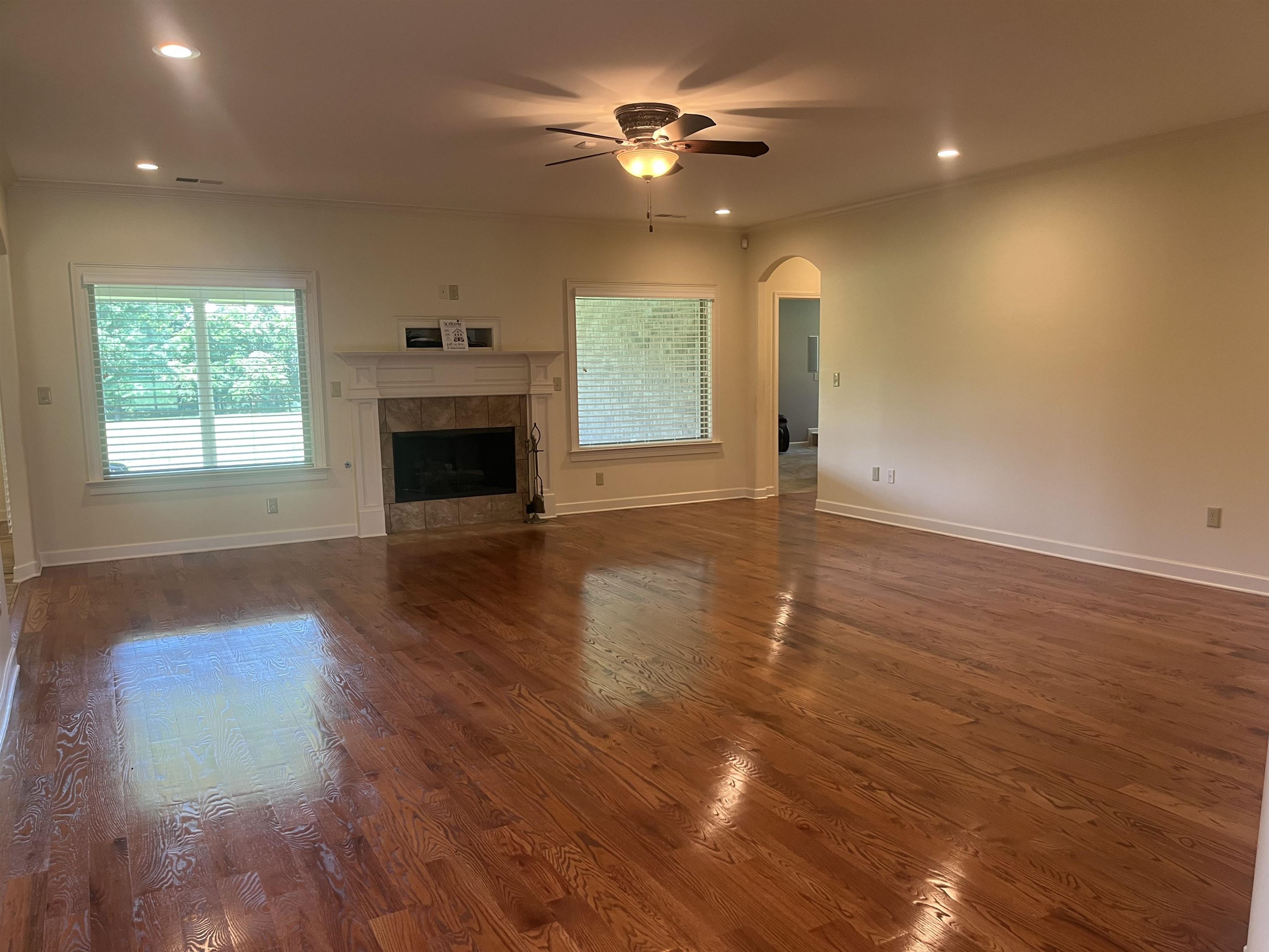 185 Belmont Road Mason, TN 38049 - Photo 9 of 40 Open-concept living space featuring wood-finish flooring, a fireplace with a mantel, recessed lighting, and a ceiling fan