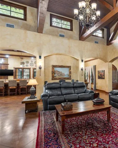 a living room with furniture a rug and a fireplace