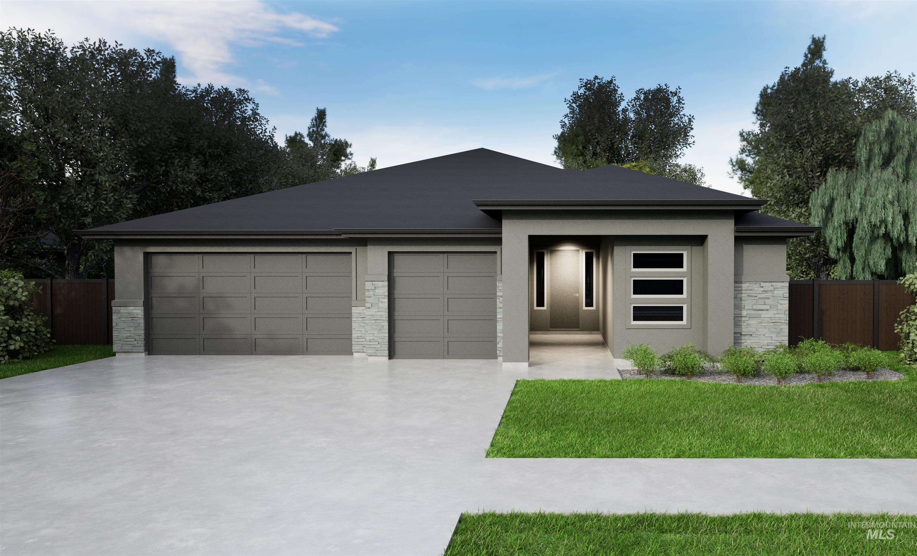 View of front facade featuring stone siding, stucco siding, a garage, and concrete driveway