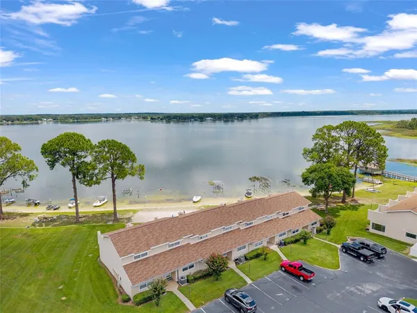 a view of a lake with a terrace