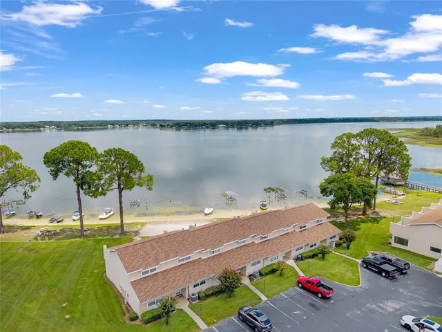 a view of a lake with a terrace
