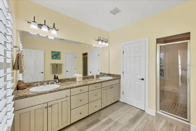 a spacious bathroom with a granite countertop sink a mirror and a shower