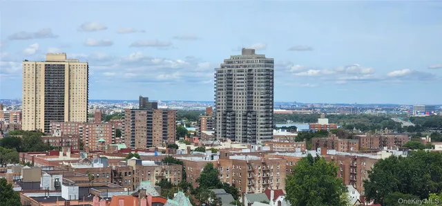 a city view with tall buildings