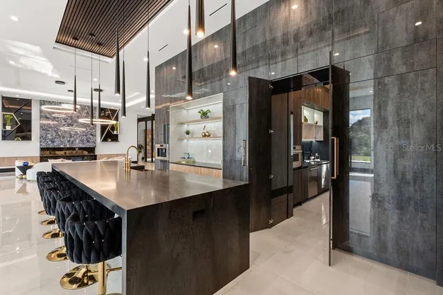 a living room with a couch and a stove