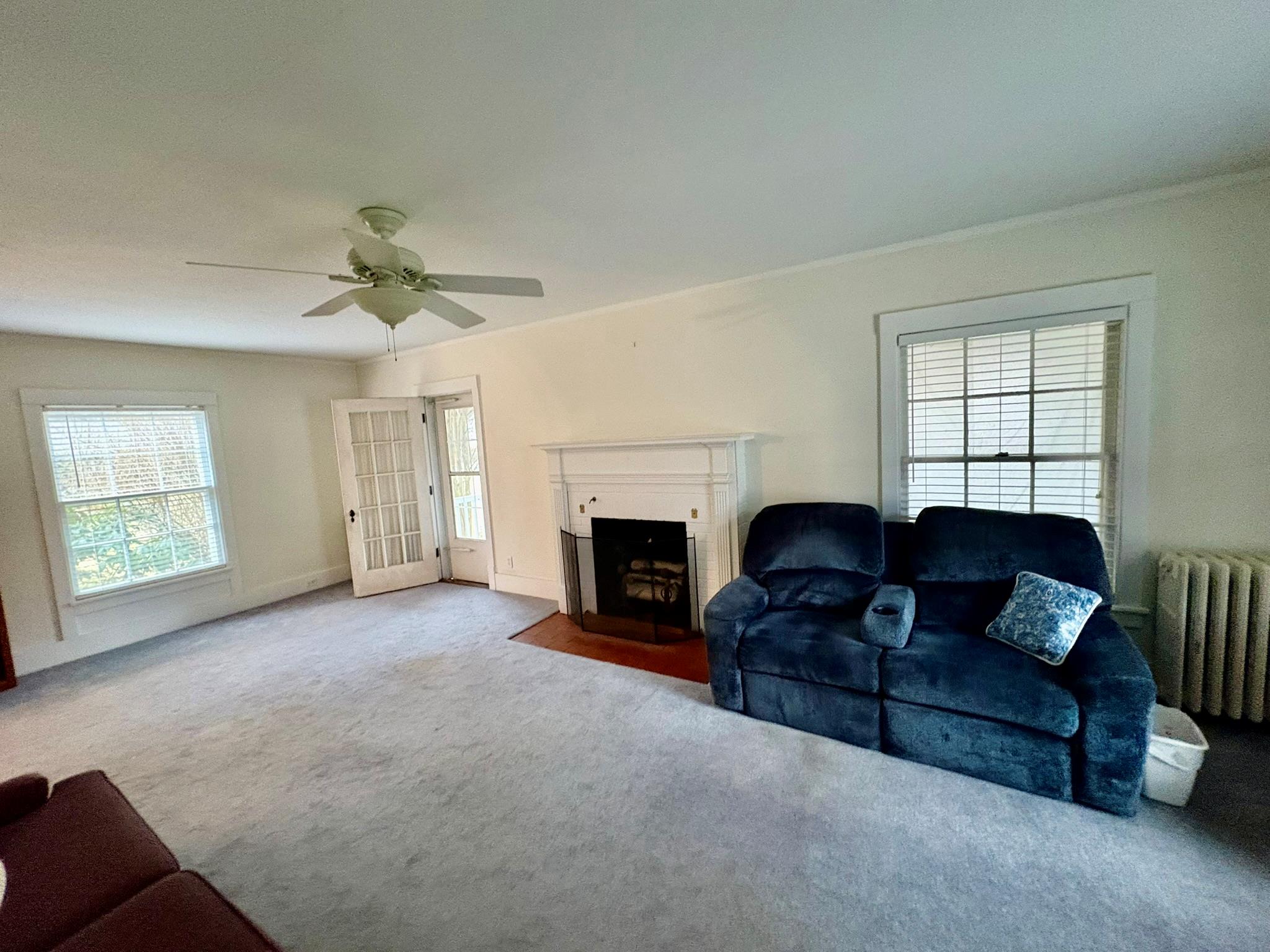 123 Rockland Road Roscoe, NY 12776 - Photo 14 of 31 Carpeted living area with a ceiling fan, radiator, a fireplace with flush hearth, and baseboards