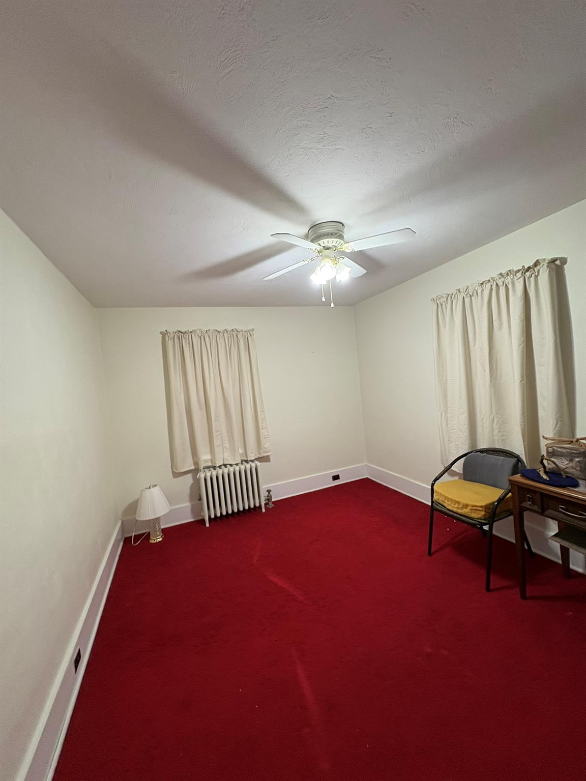 123 Rockland Road Roscoe, NY 12776 - Photo 26 of 31 Unfurnished room featuring carpet floors, a ceiling fan, a textured ceiling, radiator, and baseboards