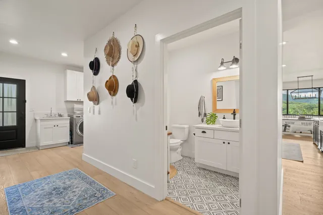 a spacious bathroom with a shower and a sink