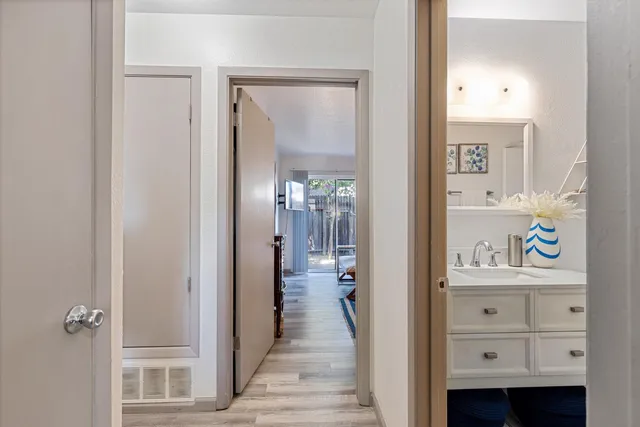 a view of a hallway with elevator