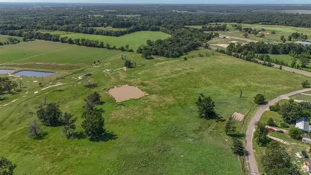 an aerial view of residential houses with outdoor space and trees