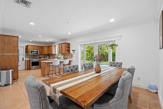 a view of a dining room with furniture window and outside view