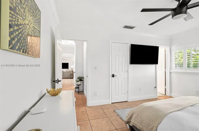 a bedroom with a bed tv and a couch