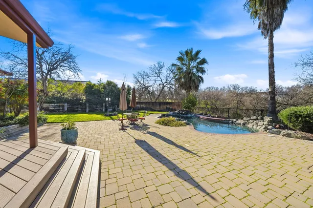 a view of a swimming pool with a yard