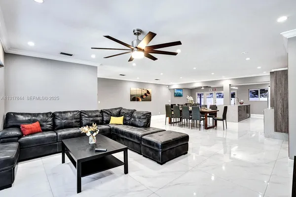 a view of a dining room with furniture