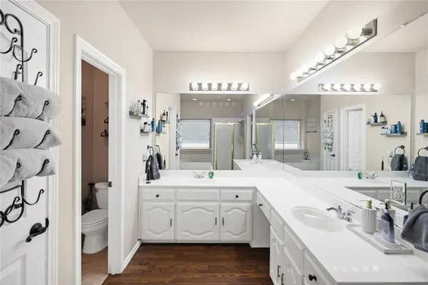 a bathroom with a double vanity sink mirror and shower