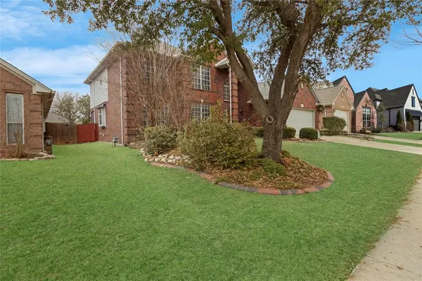 a view of a backyard with large trees