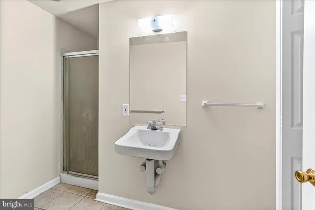 a bathroom with a sink a mirror and a shower