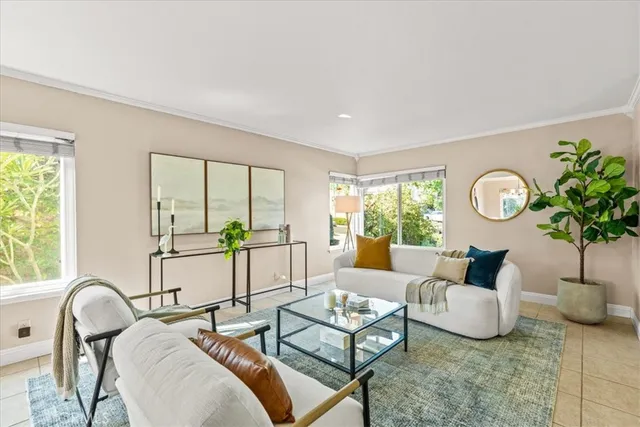 a living room with furniture a window and a potted plant
