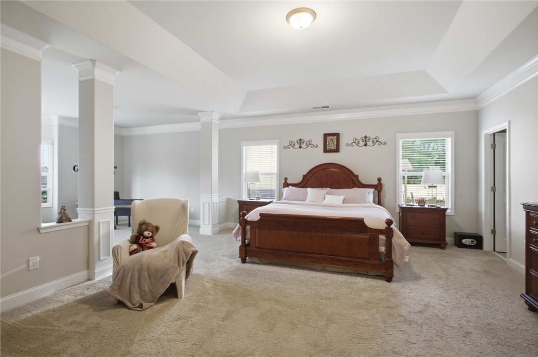 120 Jones Creek Circle Anderson, SC 29621 - Photo 18 of 43 This spacious primary bedroom features a cozy carpet and a tray ceiling, creating a relaxing ambiance.