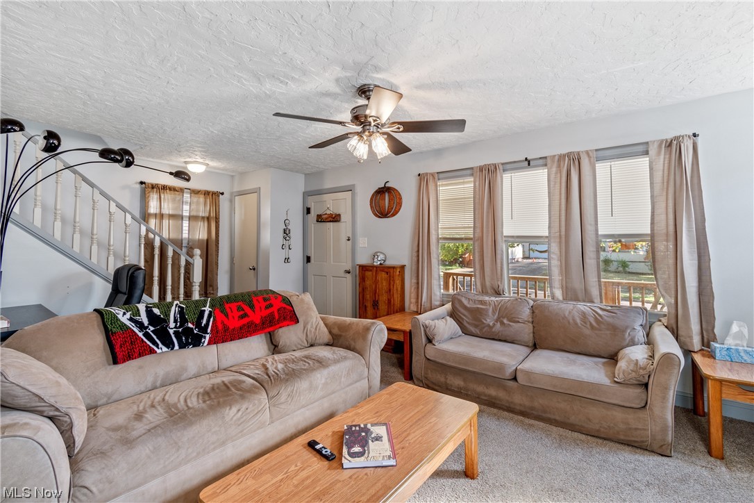 869 Reed Avenue Akron, OH 44306 - Photo 6 of 25 Carpeted living room with ceiling fan and a textured ceiling