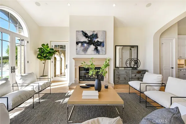 a living room with furniture floor to ceiling window and a potted plant