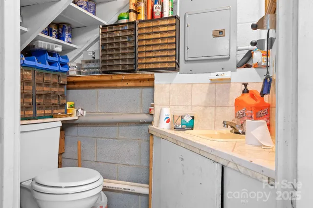 a bathroom with a sink a toilet and shower curtain