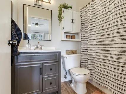 a bathroom with a toilet a sink and mirror