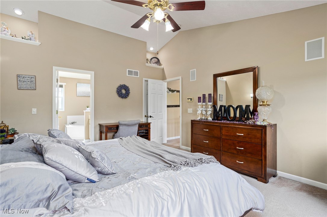 11620 Friendsville Road Creston, OH 44217 - Photo 26 of 40 Master Bedroom with carpet floors, ceiling fan, and high vaulted ceiling