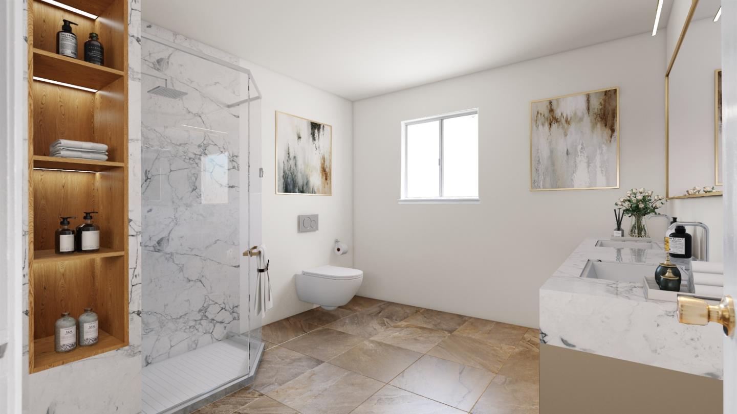 6530 Simson Street Oakland, CA 94605 - Photo 10 of 14 a bathroom with a granite countertop sink a toilet and shower