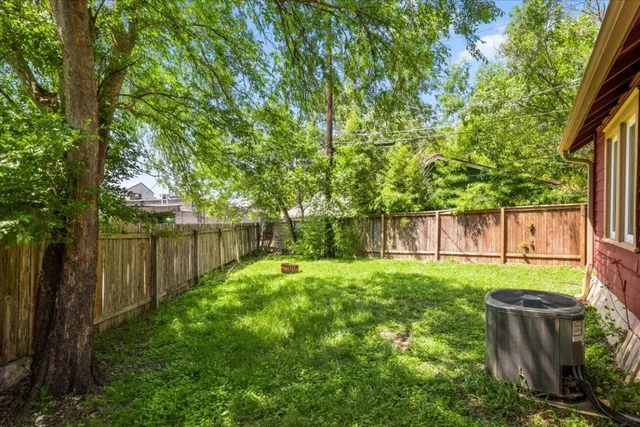 a view of a backyard with plants and large trees