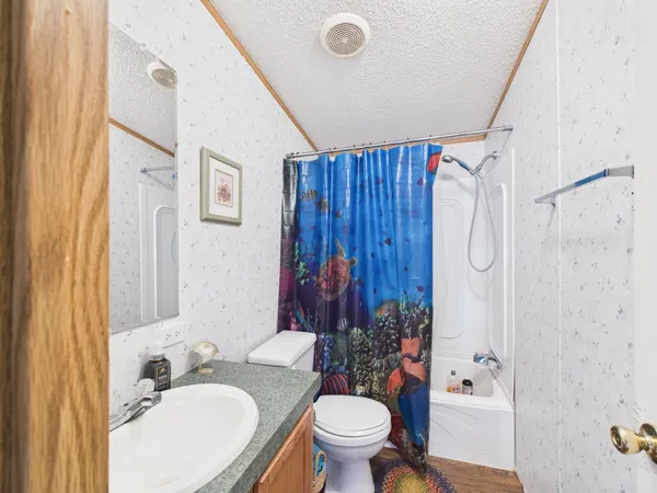 a bathroom with a granite countertop sink toilet a mirror and shower curtain