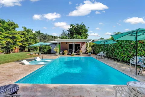 a view of house with swimming pool outdoor seating