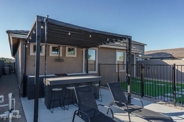 a garden view with a seating space