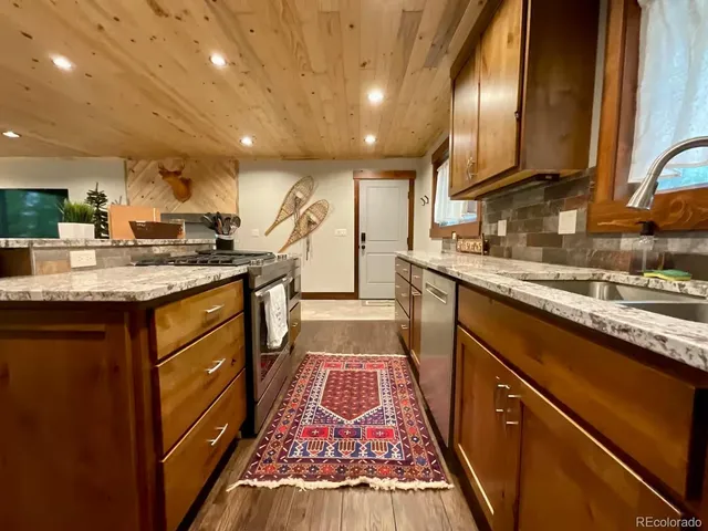 a kitchen with lots of counter top space