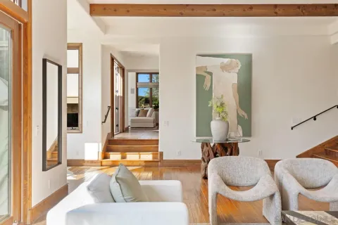 a living room with furniture a fireplace and a floor to ceiling window