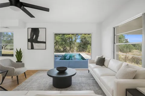 a living room with furniture and a potted plant