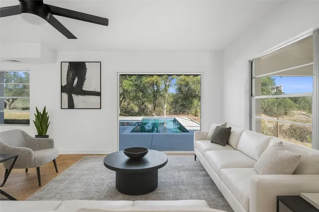 a living room with furniture and a potted plant