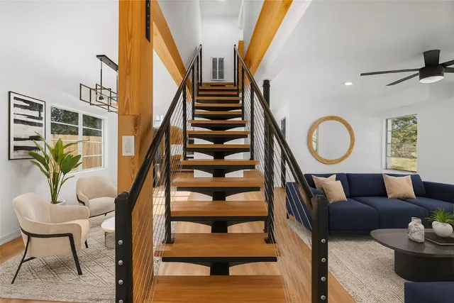 a living room with large window