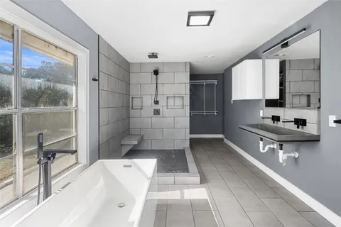 a living room with large window