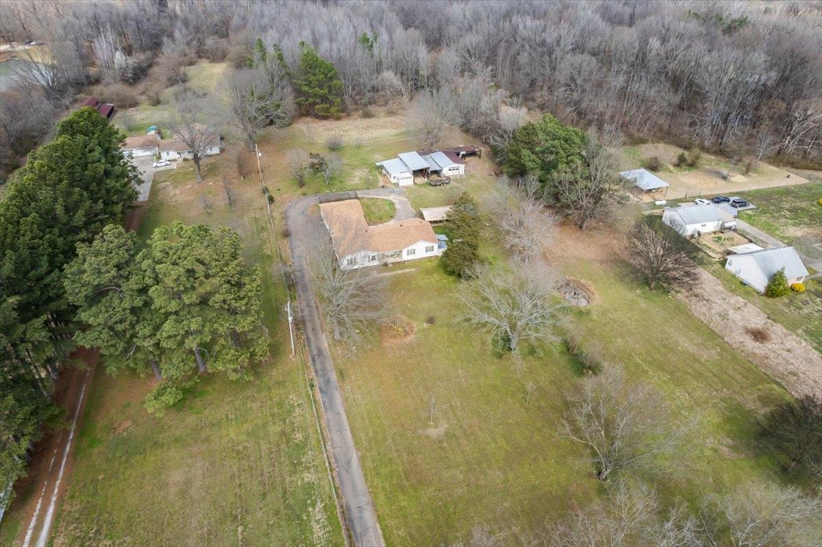 Aerial view of a heavily wooded area