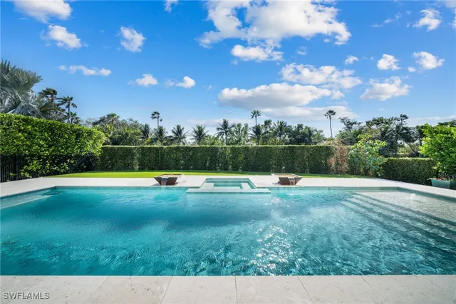 a view of a swimming pool and a yard