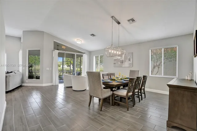 a view of a dining room with furniture wooden floor and chandelier