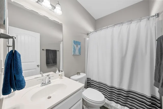 a bathroom with a sink a toilet a mirror and shower curtain