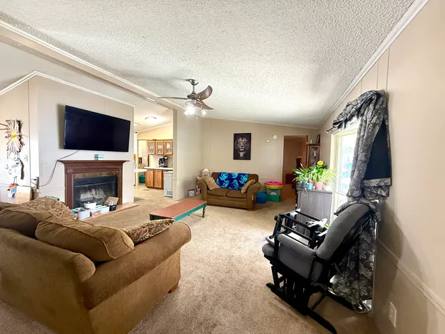 a living room with furniture a flat screen tv and a fireplace