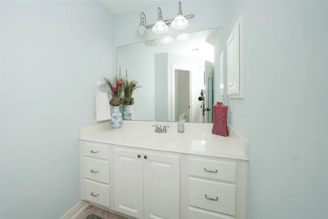 a bathroom with a sink vanity and a mirror