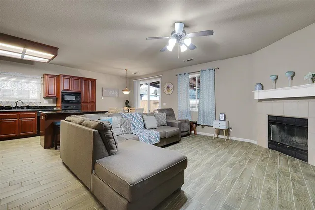 a living room with furniture and a fireplace